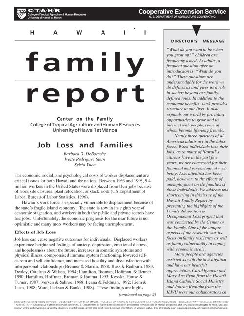 Job Loss and Families: Hawai‘i Family Report Issue Papers (1998)