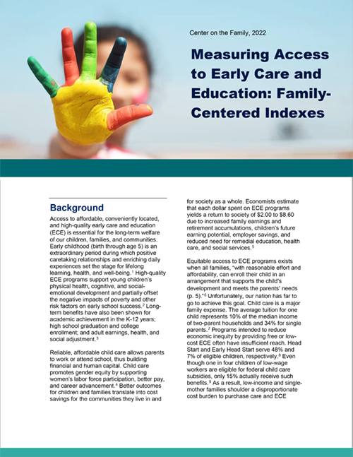 Measuring Access to Early Care and Education: Family-Centered Indexes Cover page.