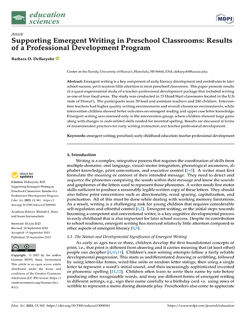 Supporting Emergent Writing in Preschool Classrooms: Results of a Professional Development Program